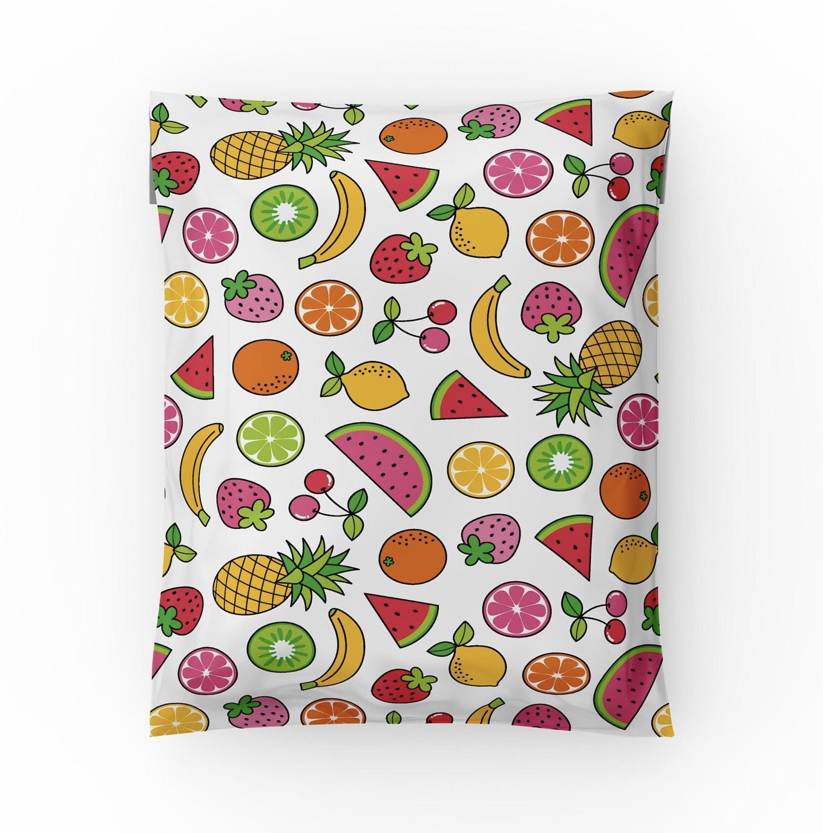 Fruit poly mailer 10x13 with watermelon, pineapple, banana, strawberry, lemon and kiwi print