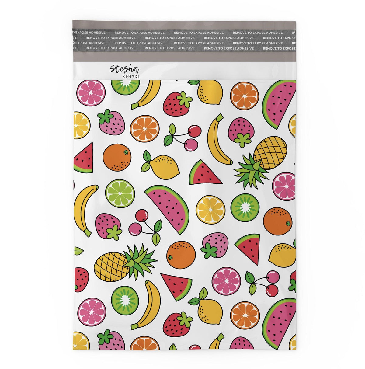 Flat fruit print poly mailer showing self-sealing adhesive strip at top