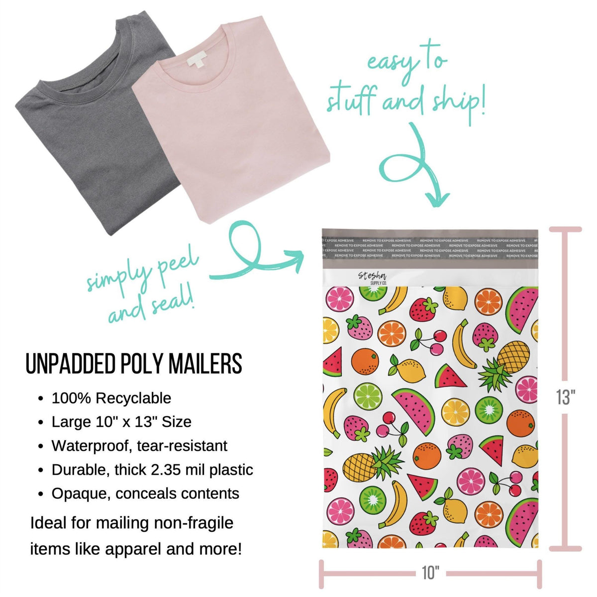 Unpadded 10 x 13 inch poly mailer size chart with folded t-shirts and peel-and-seal closure