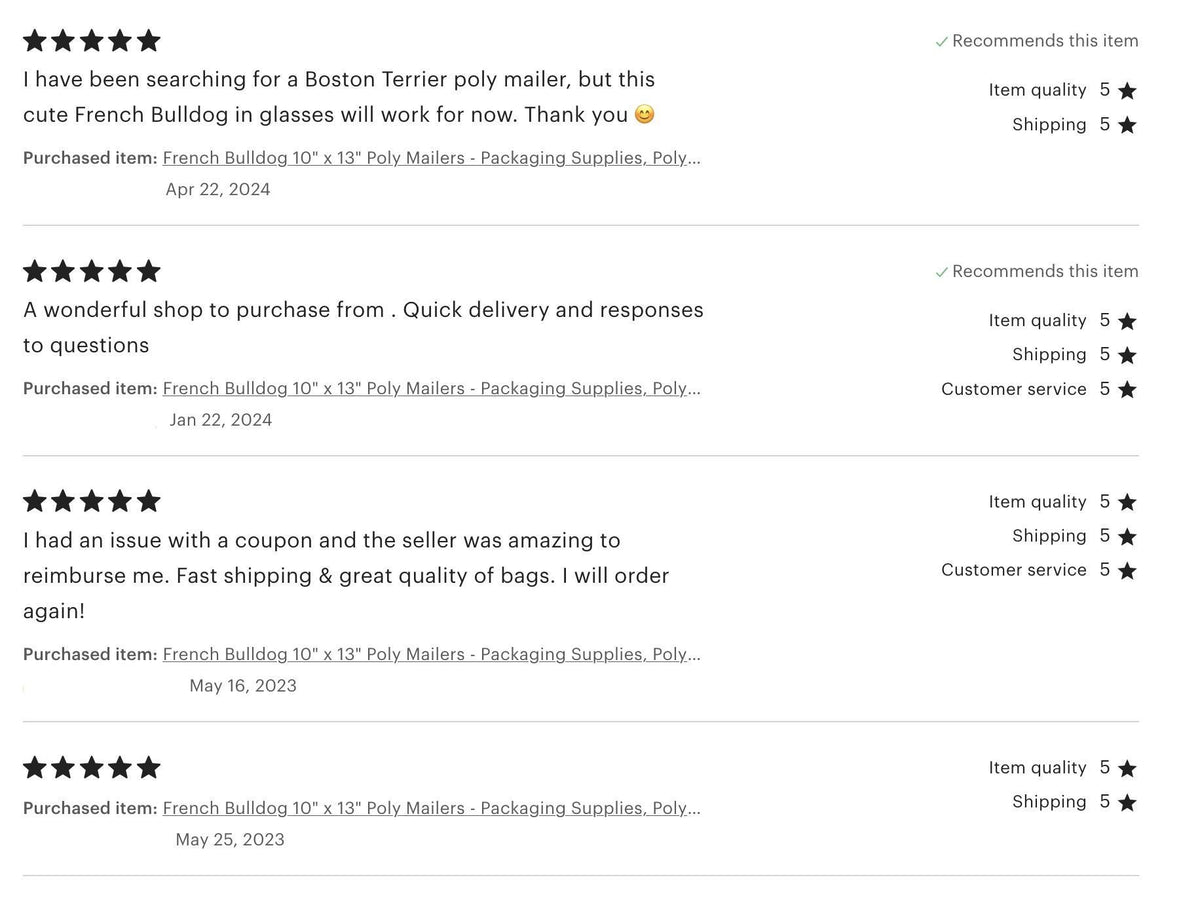 Five-star customer reviews of French bulldog poly mailers