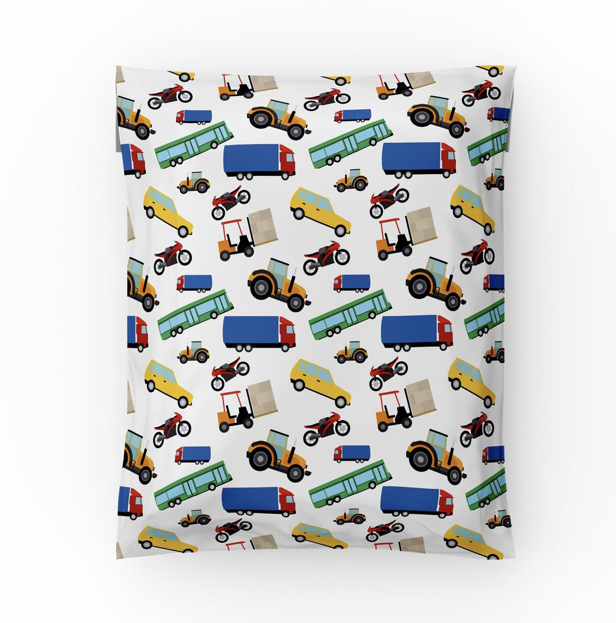 Cars and trucks poly mailer 10x13 with buses, tractors, trucks, cars and motorcycles print