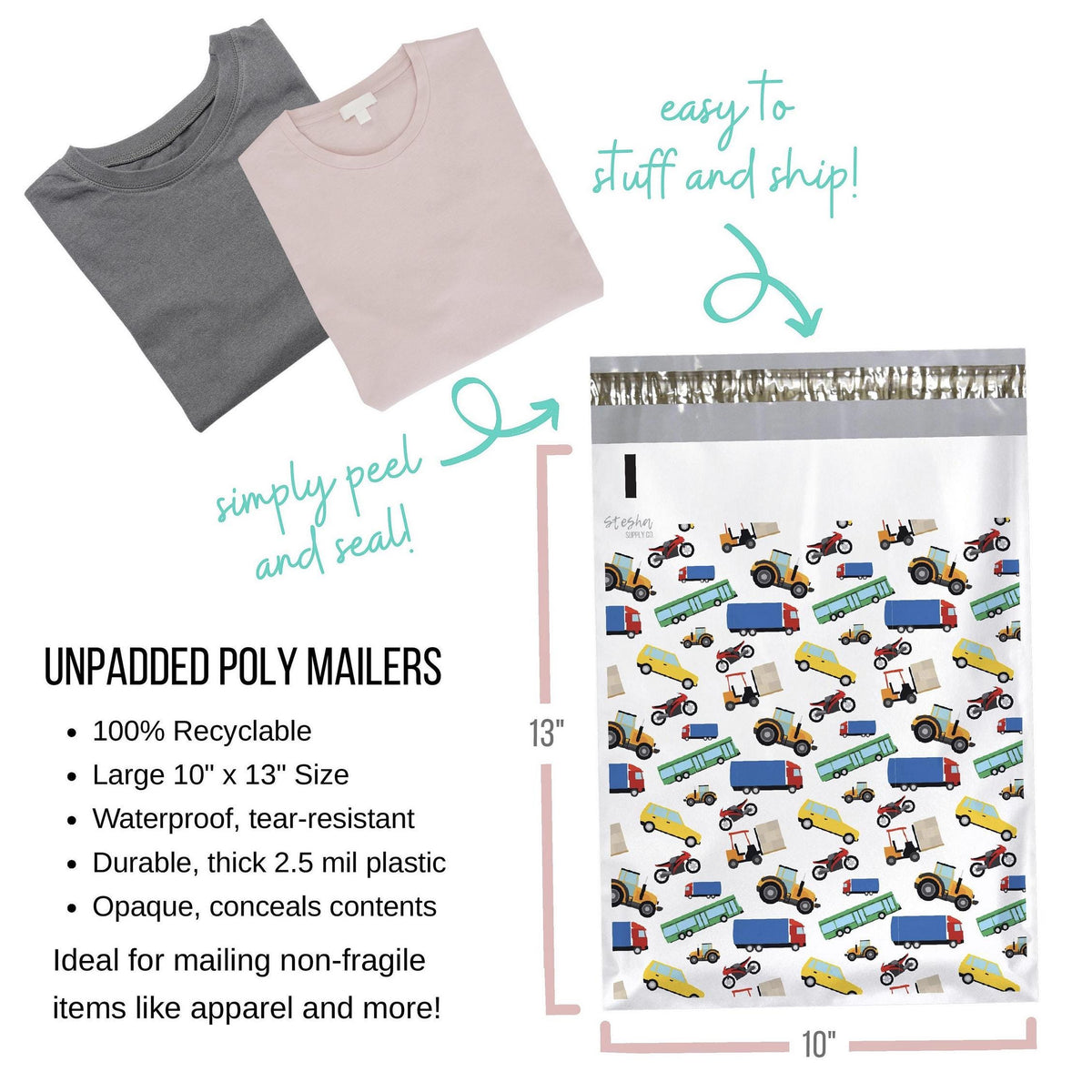 Unpadded 10 x 13 inch poly mailer size chart with folded t-shirts and peel-and-seal closure