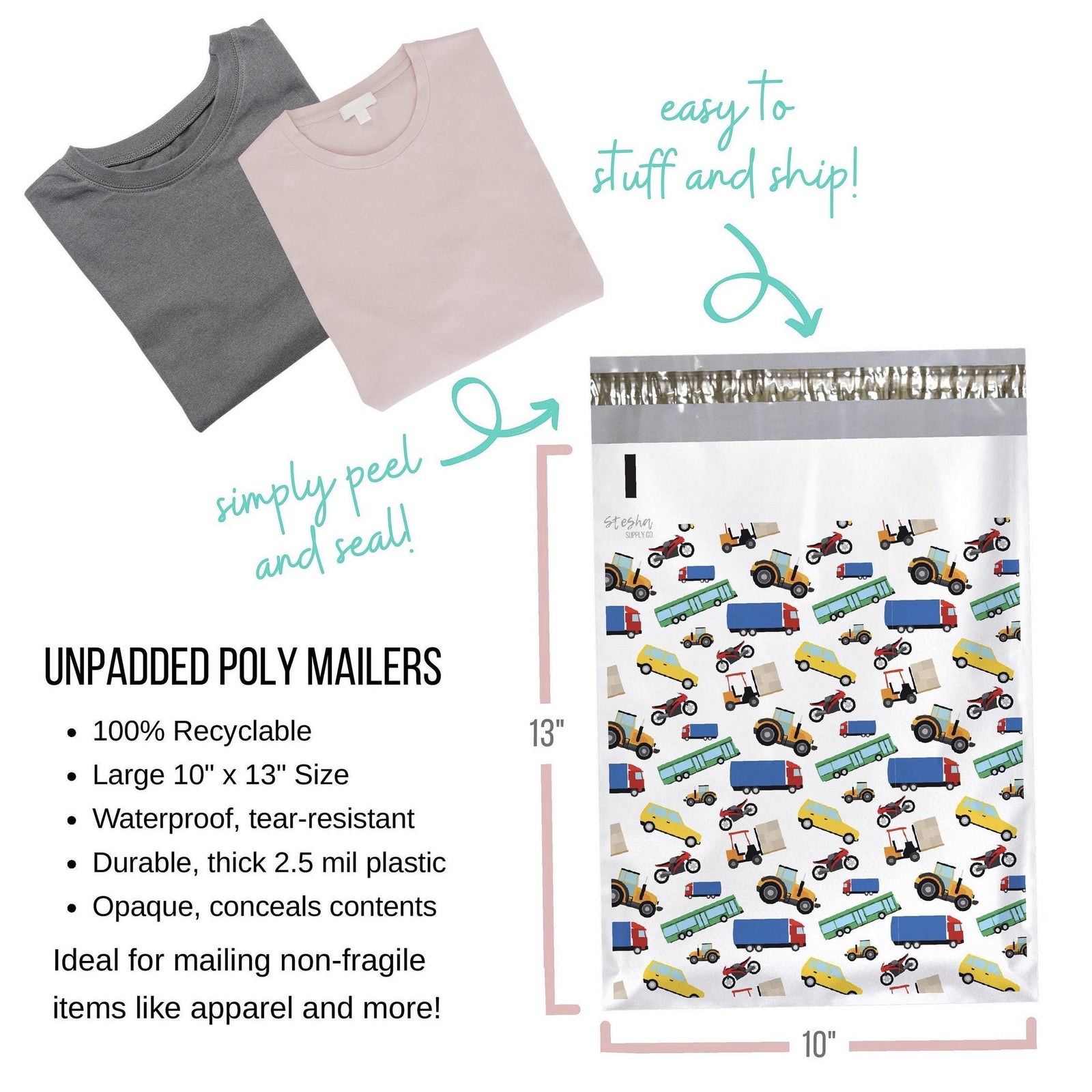 Unpadded 10 x 13 inch poly mailer size chart with folded t-shirts and peel-and-seal closure