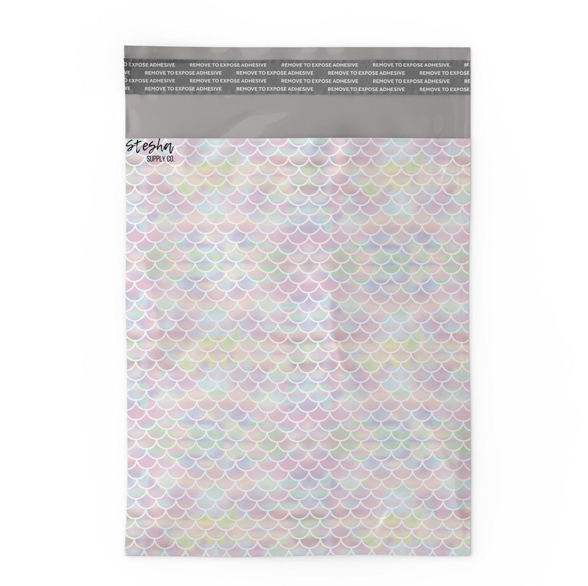 Flat mermaid poly mailer showing self-sealing adhesive strip at top