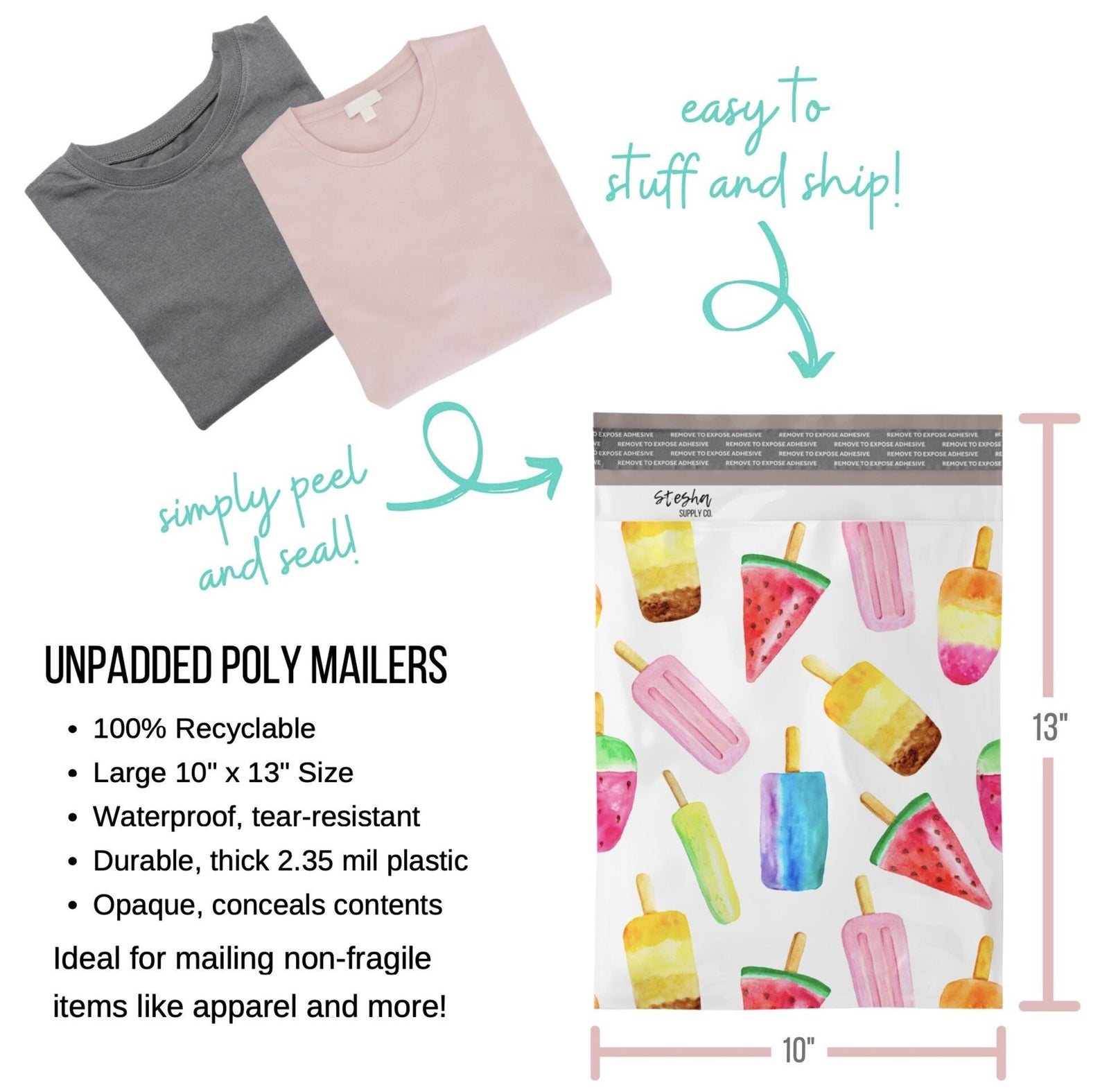 Unpadded 10 x 13 inch poly mailer size chart with folded t-shirts and peel-and-seal closure