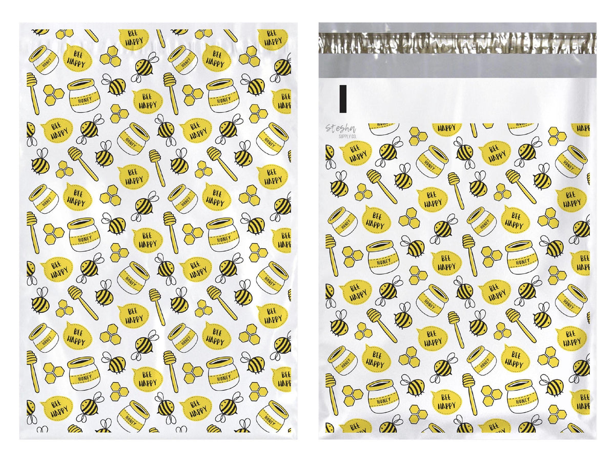 Front and back of honey bee poly mailer showing adhesive strip