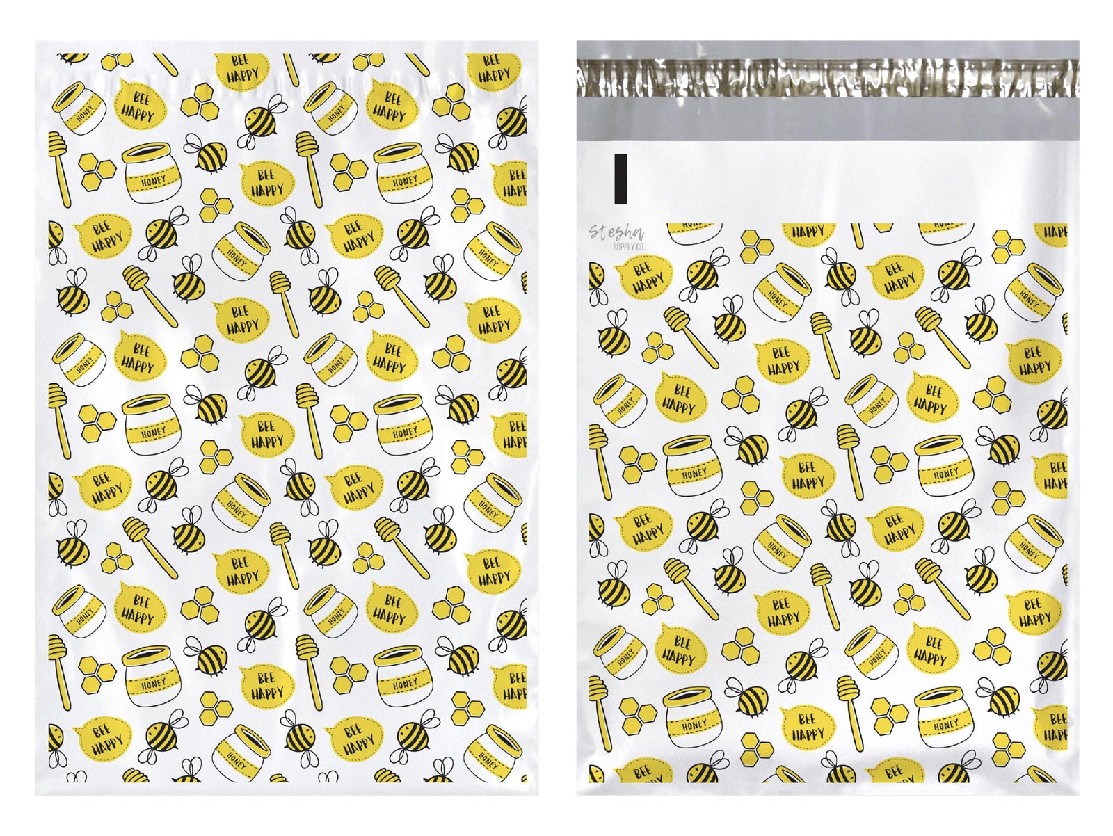 Front and back of honey bee poly mailer showing adhesive strip