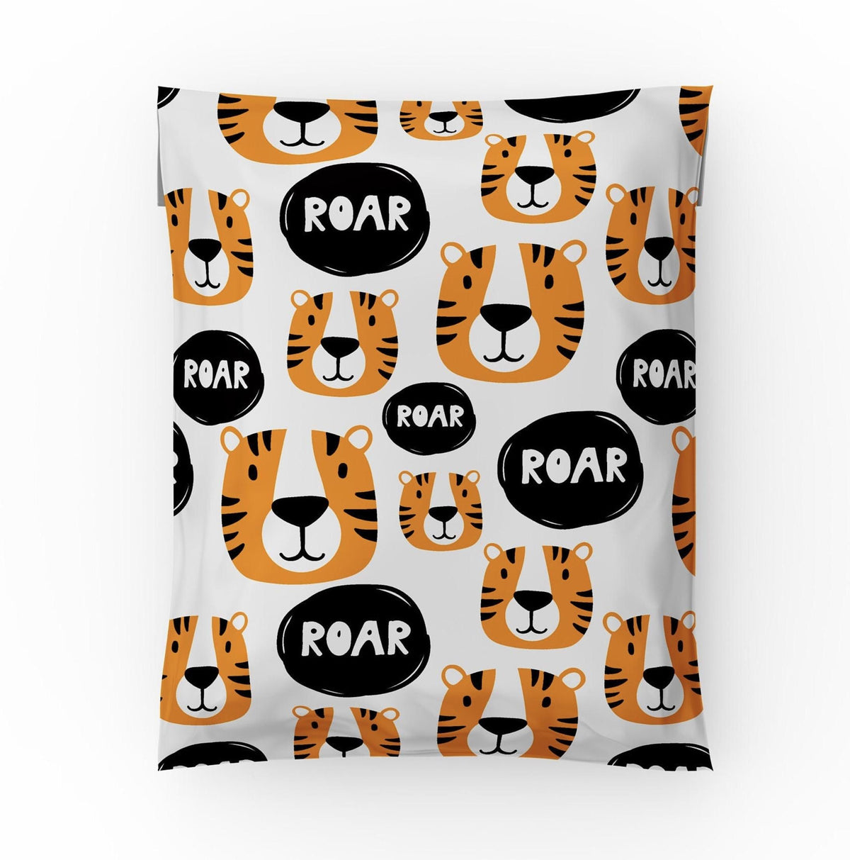 Tiger poly mailer 10x13 with orange tiger faces and black ROAR speech bubbles print