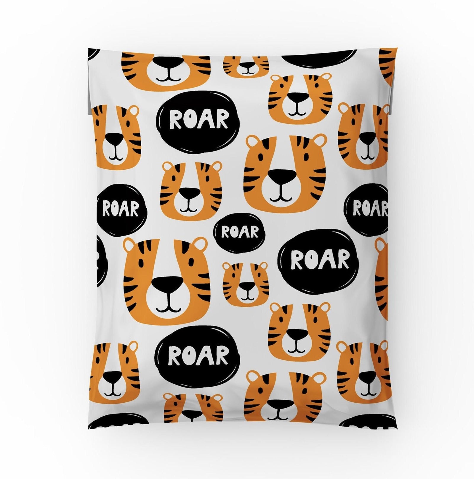 Tiger poly mailer 10x13 with orange tiger faces and black ROAR speech bubbles print
