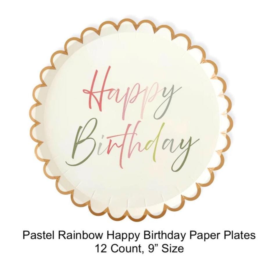 Pastel Happy Birthday Plates Gold Scalloped Edge 9 Inch 12ct, Rainbow Birthday Party Plates, Girl Birthday Decor, Adult Birthday Tableware
