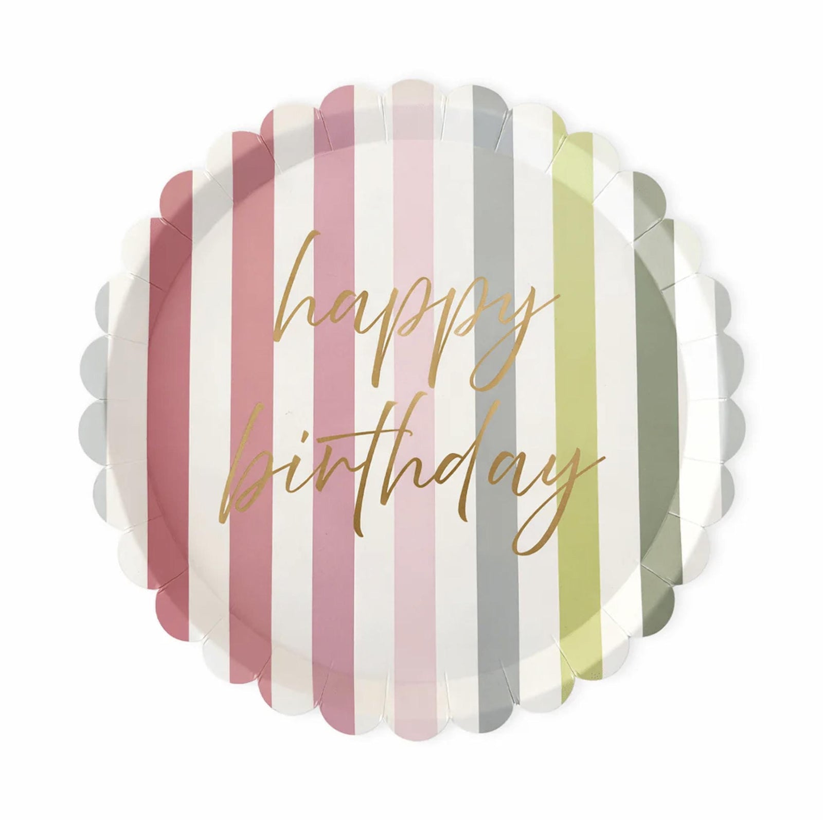 Pastel Striped Happy Birthday Dinner Plates 10.6 Inch, Scalloped Birthday Party Plates, Girl or Adult Birthday Tableware 12ct