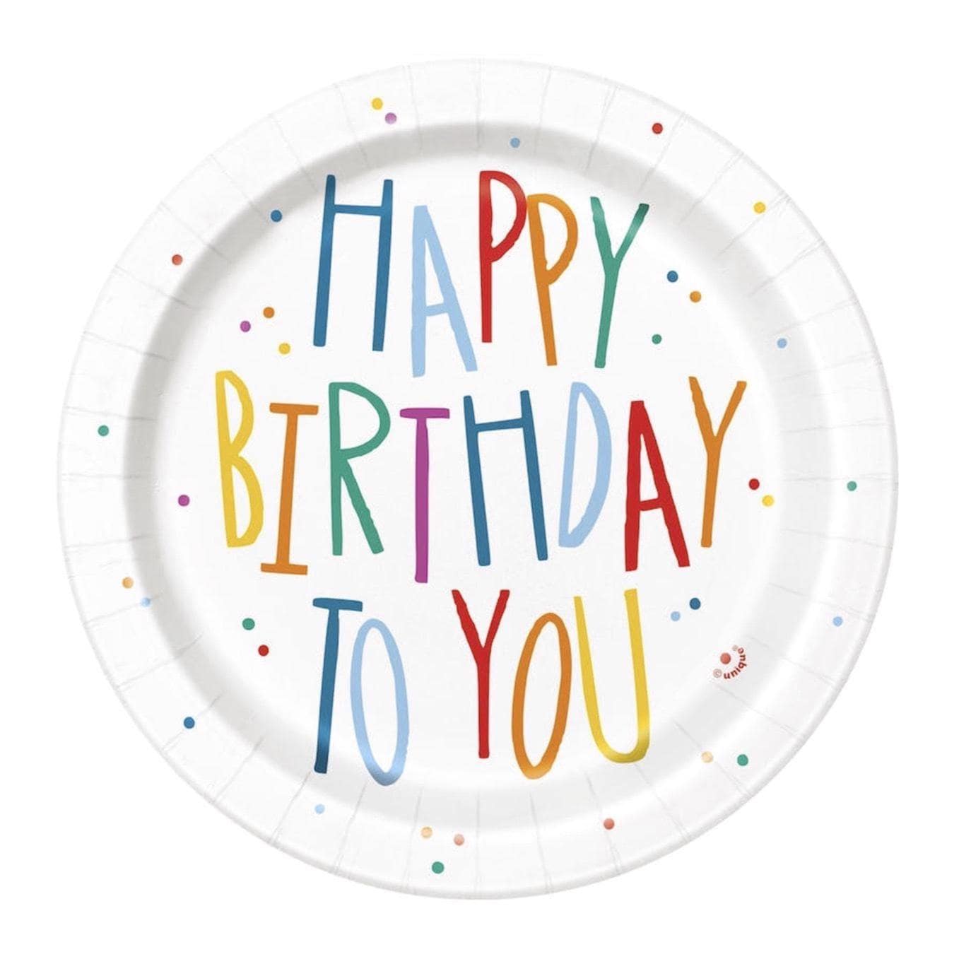 Happy Birthday Cake Plates 7 Inch 8ct, Colorful Confetti Paper Plates, Small Dessert Plates, Kids Birthday Party Tableware