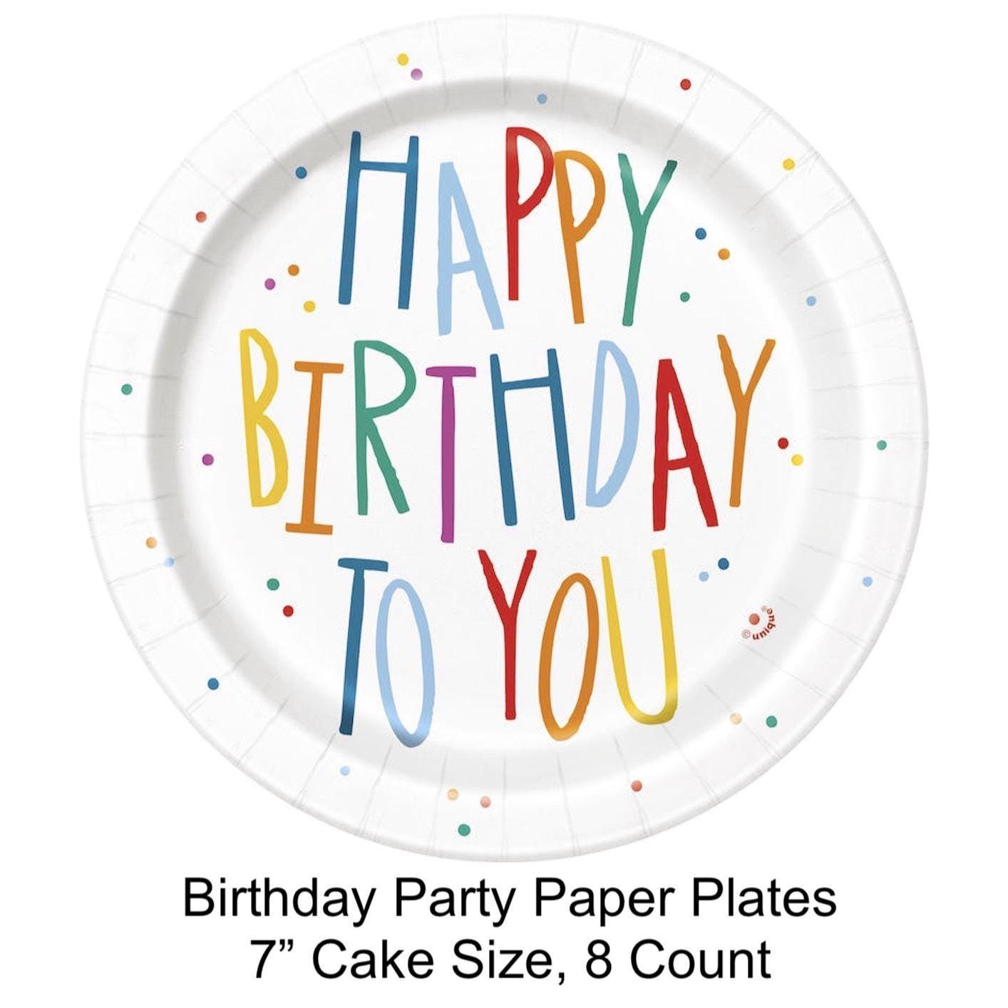 Happy Birthday Cake Plates 7 Inch 8ct, Colorful Confetti Paper Plates, Small Dessert Plates, Kids Birthday Party Tableware