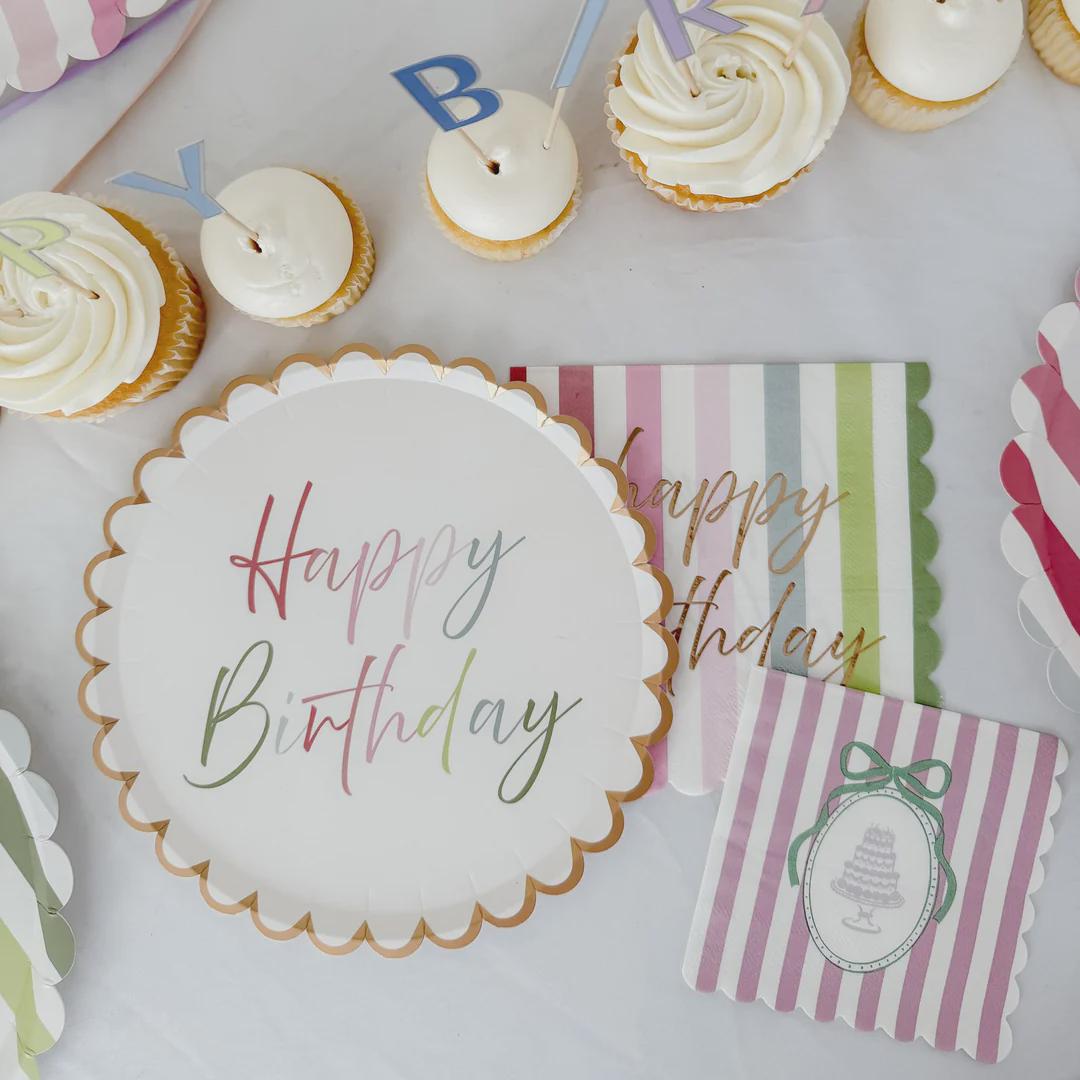 Pastel Happy Birthday Plates Gold Scalloped Edge 9 Inch 12ct, Rainbow Birthday Party Plates, Girl Birthday Decor, Adult Birthday Tableware