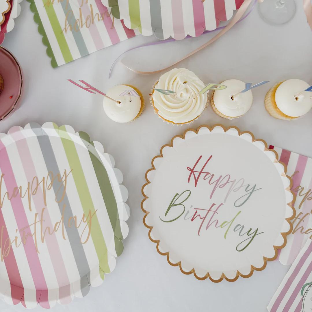 Pastel Striped Happy Birthday Napkins 24ct, Scalloped Paper Luncheon Napkins, Gold Foil Birthday Party Napkins, Girl Birthday Decor