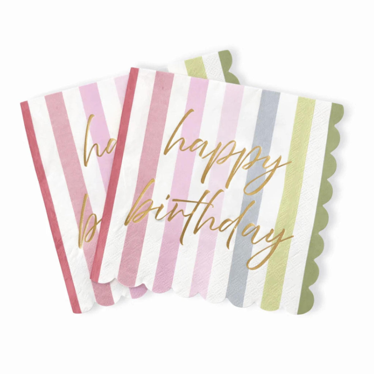 Pastel Striped Happy Birthday Napkins 24ct, Scalloped Paper Luncheon Napkins, Gold Foil Birthday Party Napkins, Girl Birthday Decor