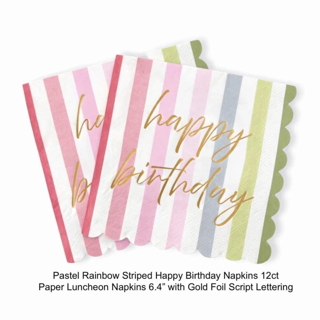 Pastel Striped Happy Birthday Napkins 24ct, Scalloped Paper Luncheon Napkins, Gold Foil Birthday Party Napkins, Girl Birthday Decor