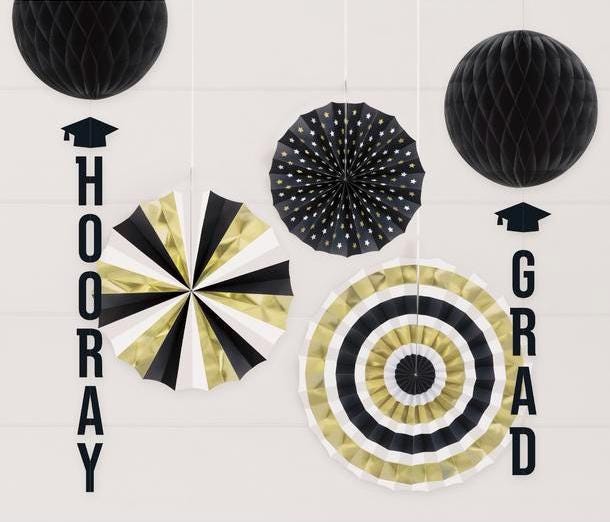 Graduation Party Decorations Set, Black Gold Graduation Decor, Paper Fan Decorations, Hanging Honeycomb Decor, Class of 2026