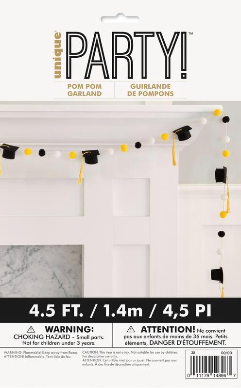 Graduation Pom Pom Garland Banner, Black Gold Graduation Decor, Felt Graduation Cap Banner, Class of 2026 Party Decoration