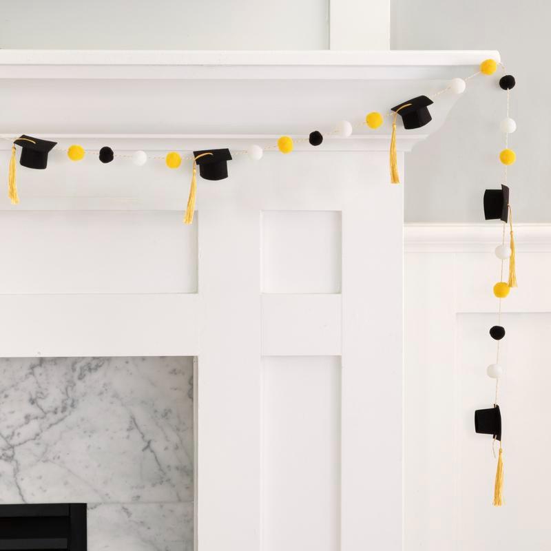 Graduation Pom Pom Garland Banner, Black Gold Graduation Decor, Felt Graduation Cap Banner, Class of 2026 Party Decoration