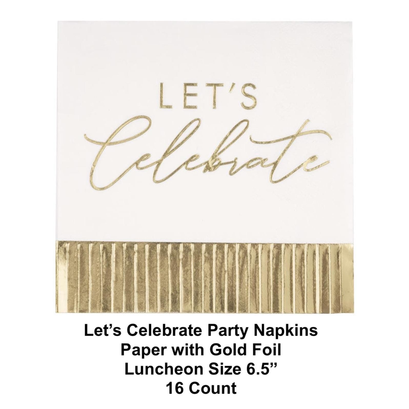 Gold Foil Let’s Celebrate Napkins 16ct, White Luncheon Party Napkins, Elegant Gold Party Decor