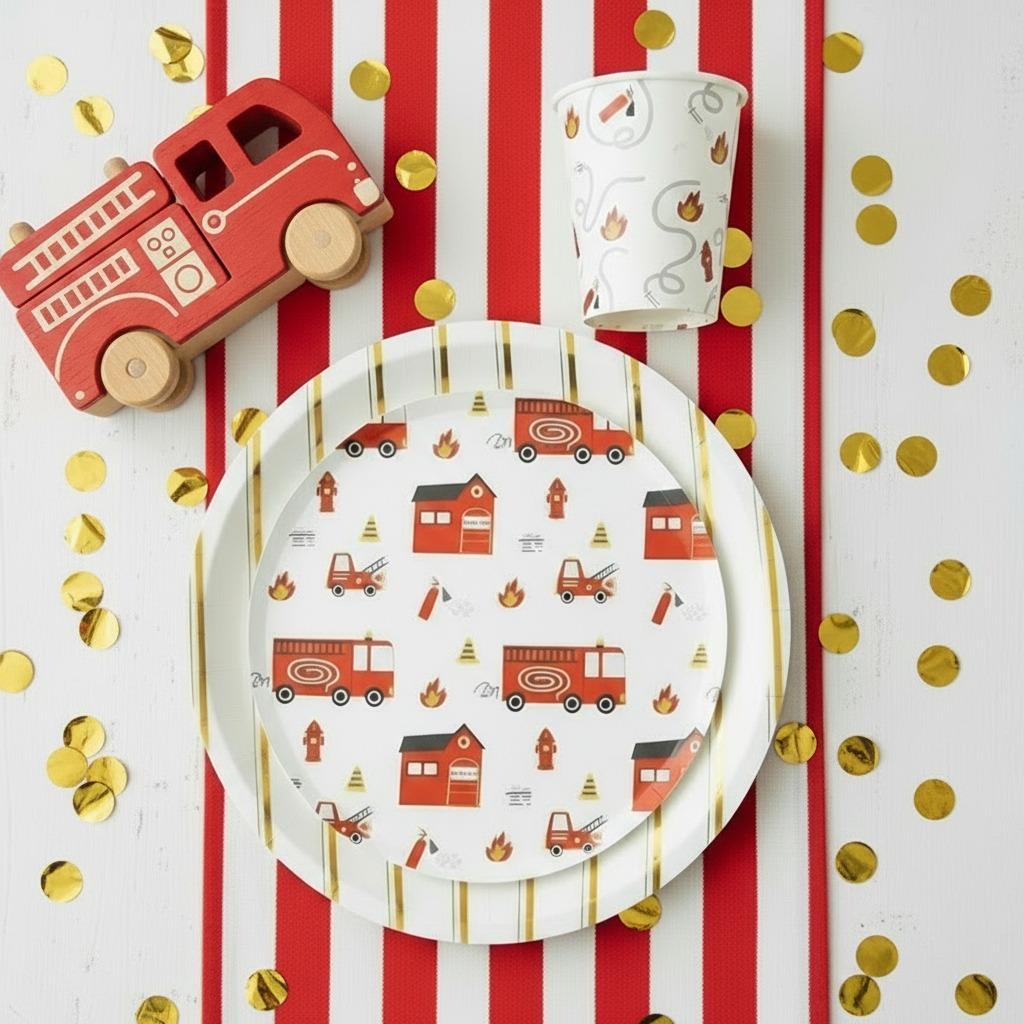 Fire Truck Paper Cake Plates 8ct, Firefighter Birthday Party Plates, Firetruck Dessert Plates, Kids Rescue Theme Party Supplies