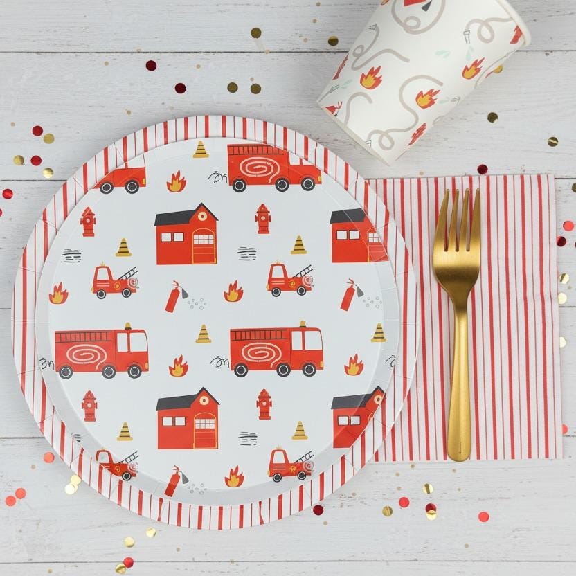 Fire Truck Paper Cups 9oz 8t - Firefighter Birthday Party Cups, Firetruck Party Supplies, Disposable Kids Drink Cups, Rescue Theme Decor
