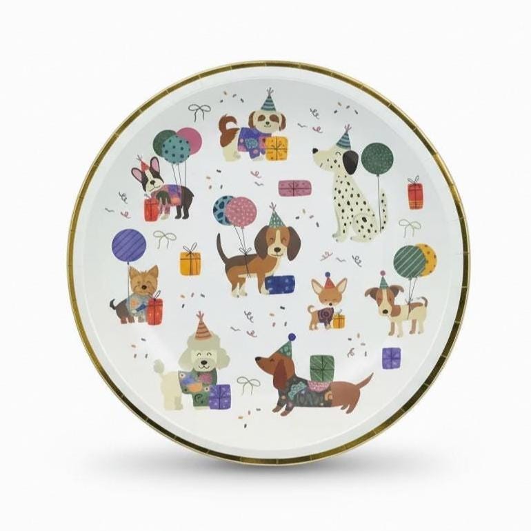 Puppy Birthday Plates 8in 8ct, Dog Birthday Dessert Plates, Puppy Party Supplies, Disposable Cake Plates, Gold Foil Rim