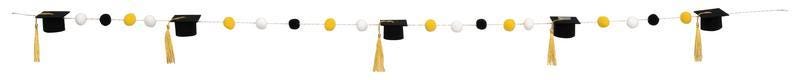 Graduation Pom Pom Garland Banner, Black Gold Graduation Decor, Felt Graduation Cap Banner, Class of 2026 Party Decoration