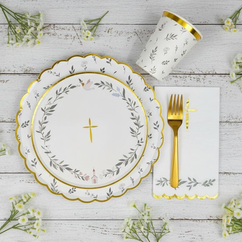 First Communion Plates 8in, Baptism Dessert Plates, Gold Foil Cross Party Plates, Religious Party Supplies, Christening Tableware 8ct