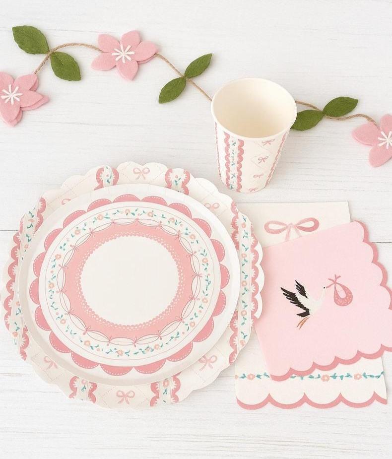 Pink Bow Party Plates, Coquette Birthday Plates, Baby Shower Dessert Plates, Tea Party Supplies, Floral Scalloped Paper Plates, 8 Count