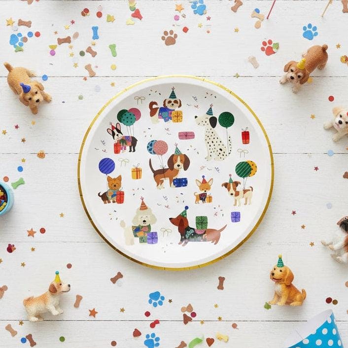 Puppy Birthday Plates 8in 8ct, Dog Birthday Dessert Plates, Puppy Party Supplies, Disposable Cake Plates, Gold Foil Rim