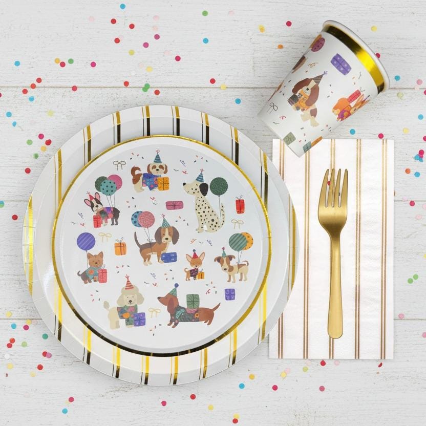 Dog Birthday Paper Cups 9oz 8ct, Puppy Party Drink Cups, Disposable Dog Theme Tableware, Gold Foil Cups