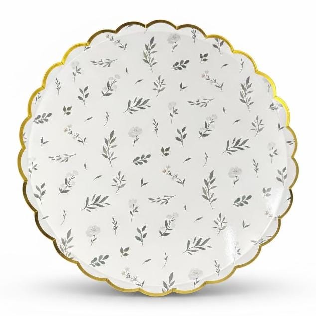 Botanical Party Plates 10in, Greenery Paper Plates with Gold Foil Edge, Wedding Reception Plates, Bridal Shower Tableware, 8 Count