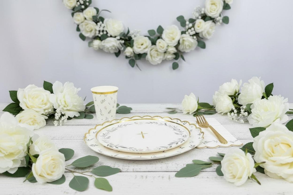 Botanical Party Plates 10in, Greenery Paper Plates with Gold Foil Edge, Wedding Reception Plates, Bridal Shower Tableware, 8 Count