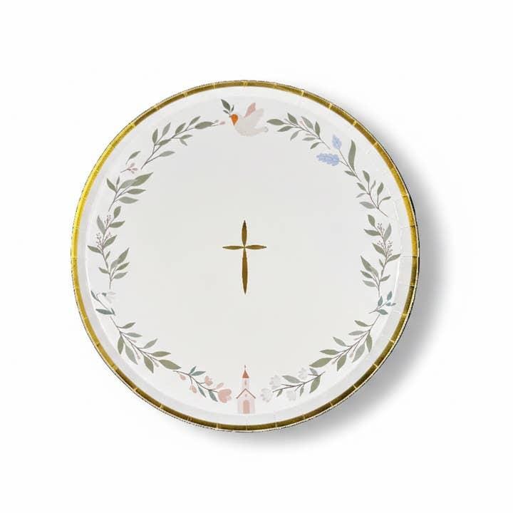 First Communion Plates 8in, Baptism Dessert Plates, Gold Foil Cross Party Plates, Religious Party Supplies, Christening Tableware 8ct
