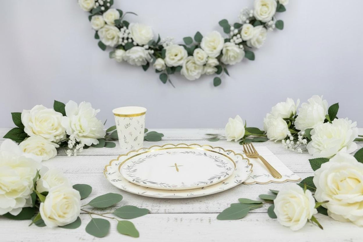 First Communion Plates 8in, Baptism Dessert Plates, Gold Foil Cross Party Plates, Religious Party Supplies, Christening Tableware 8ct