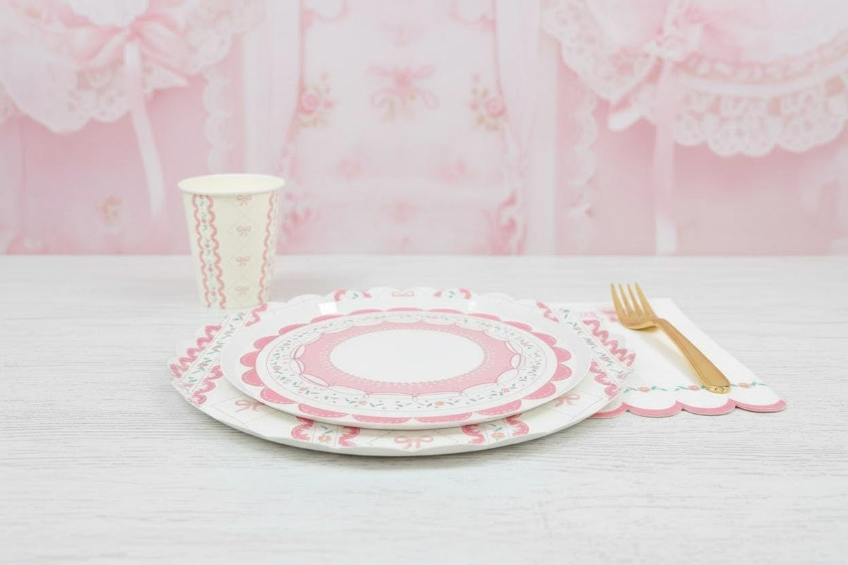Pink Bow Party Napkins, Coquette Birthday Napkins, Princess Party Supplies, Tea Party Decorations, Floral Scalloped Napkins, 16 Count