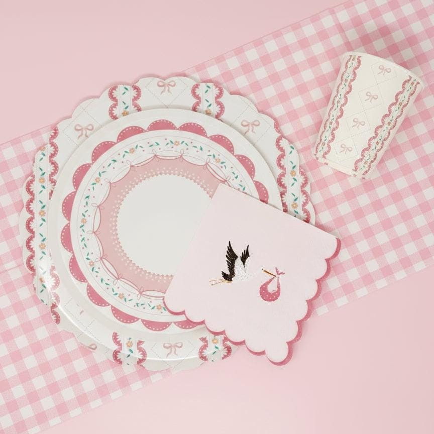 Pink Bow Party Plates, Coquette Birthday Plates, Baby Shower Dessert Plates, Tea Party Supplies, Floral Scalloped Paper Plates, 8 Count