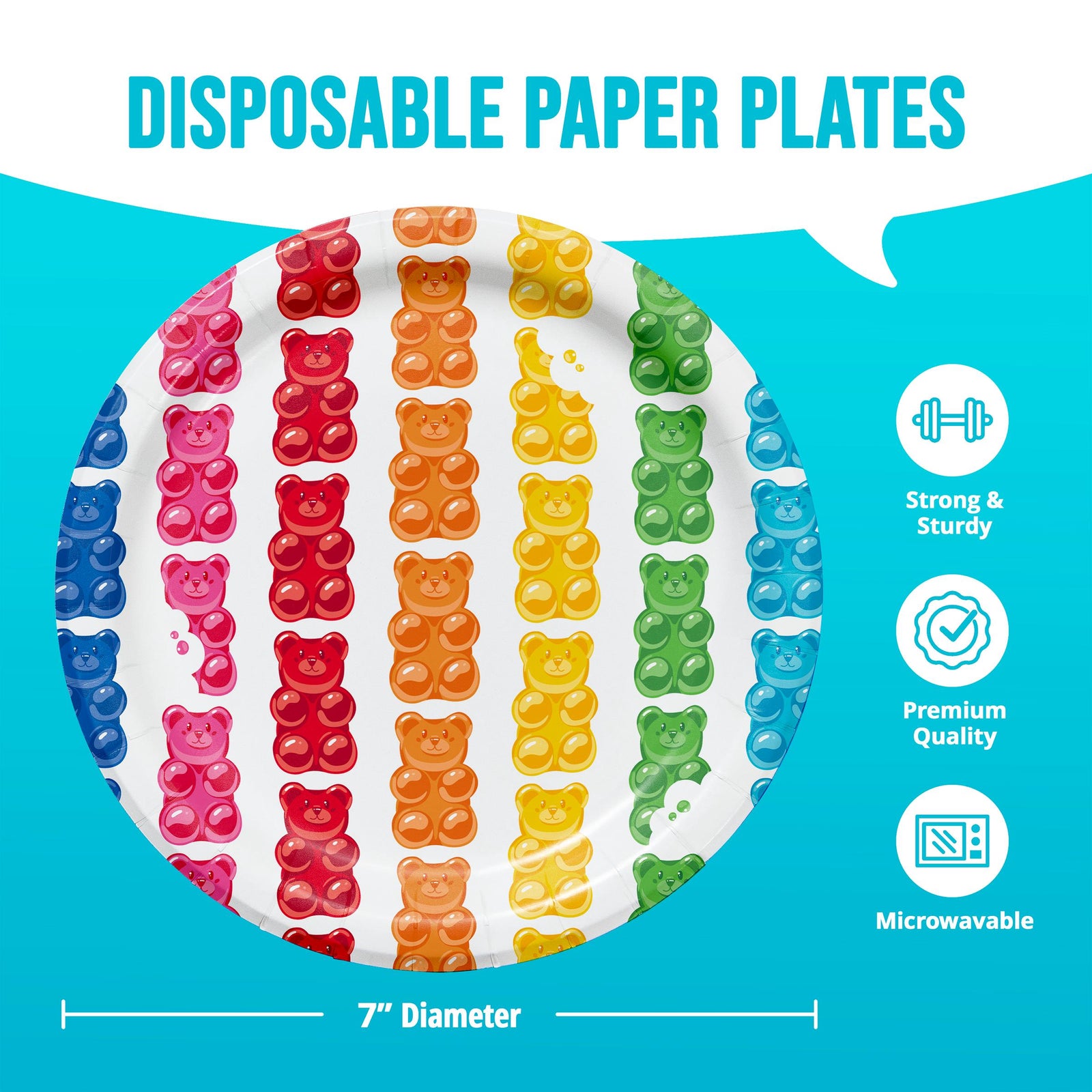 Gummy Bear Dessert Plates, 7 Inch Candy Party Plates, 8 Count Rainbow Bear Cake Plates, Colorful Birthday Tableware