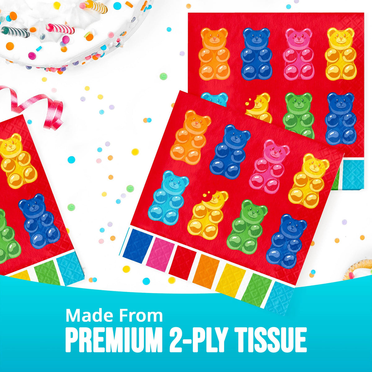 Gummy Bear Luncheon Napkins, 16ct Colorful Candy Bear Party Napkins, Disposable Paper Napkins, Rainbow Candy Birthday Supplies
