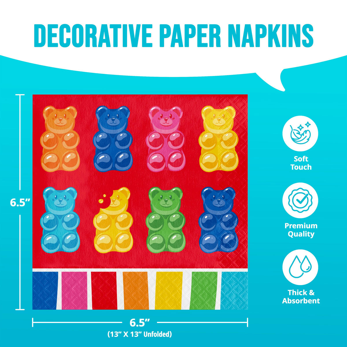 Gummy Bear Luncheon Napkins, 16ct Colorful Candy Bear Party Napkins, Disposable Paper Napkins, Rainbow Candy Birthday Supplies
