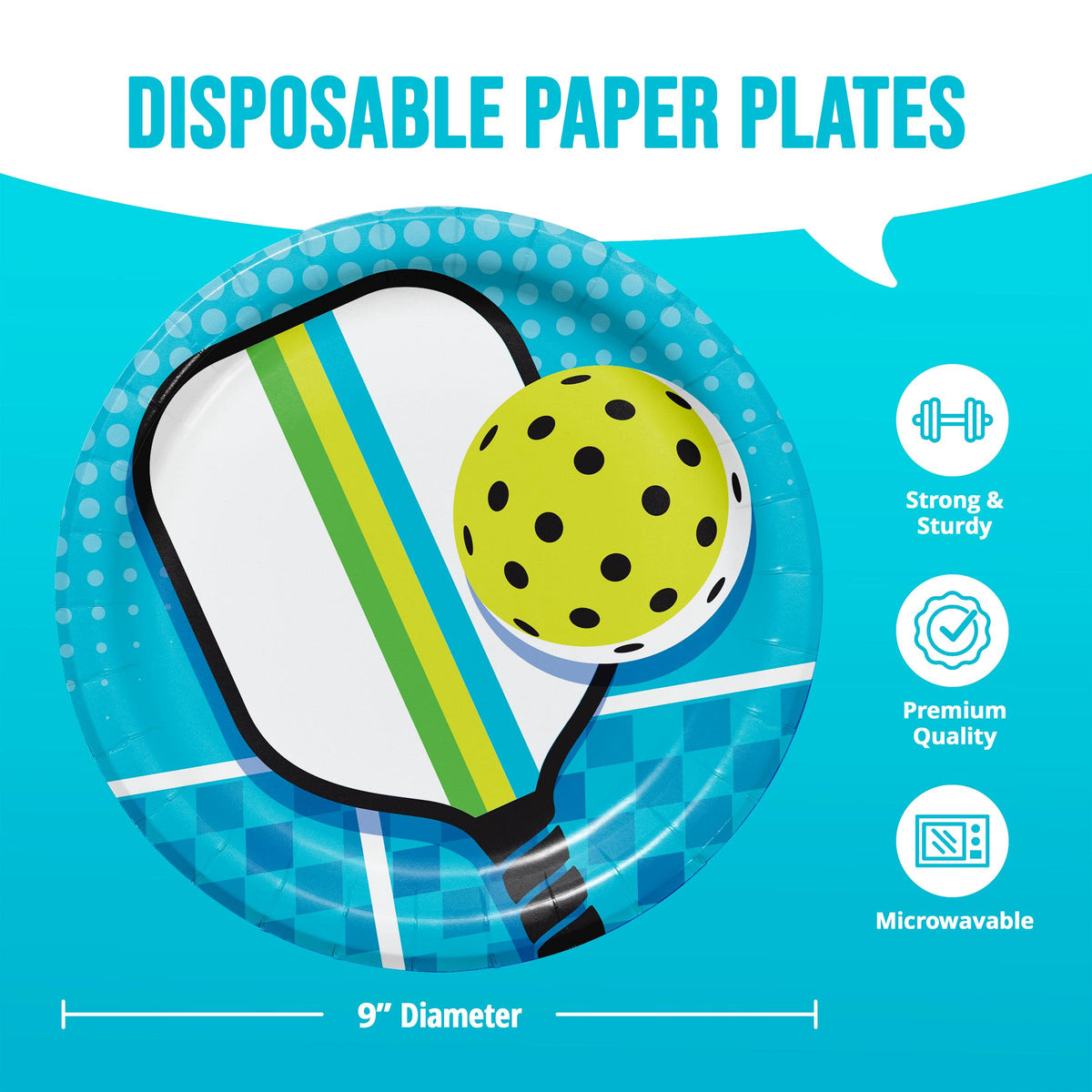 Pickleball Party Plates, 8ct 9 Inch Paper Dinner Plates, Paddle and Ball Birthday Tableware, Blue Green Sports Party Supplies