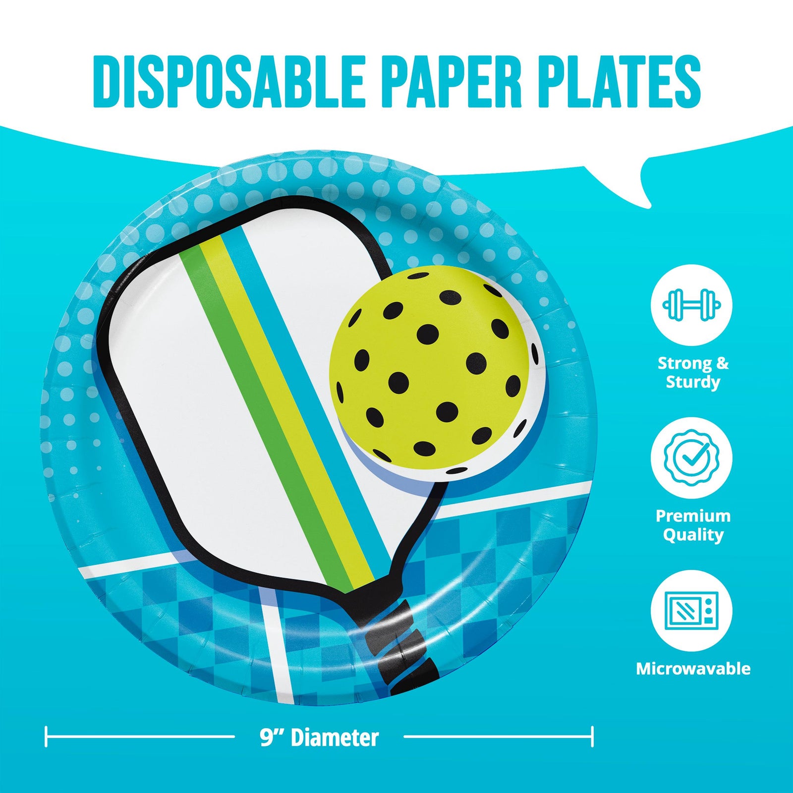 Pickleball Party Plates, 8ct 9 Inch Paper Dinner Plates, Paddle and Ball Birthday Tableware, Blue Green Sports Party Supplies