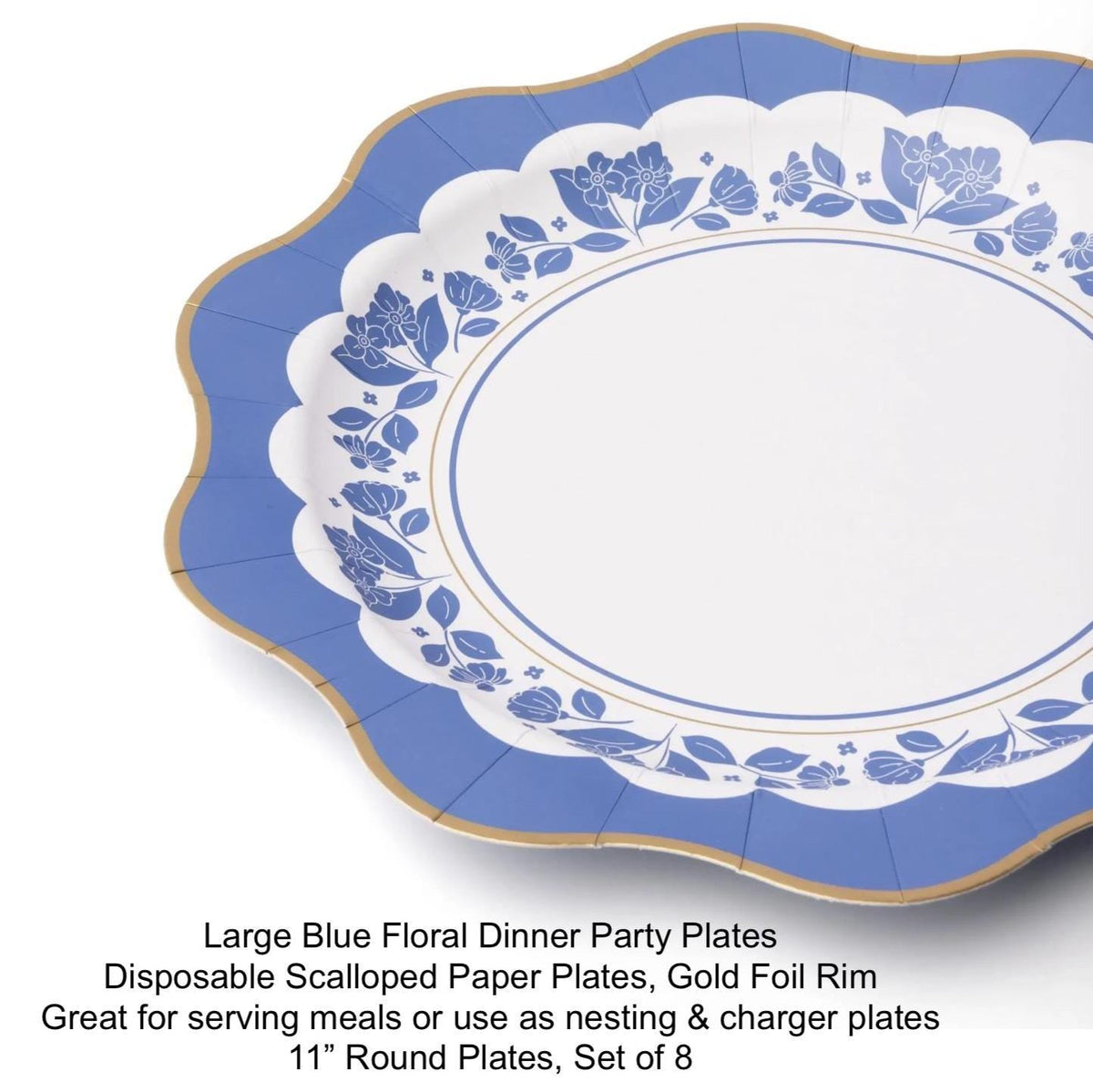 Large Blue Floral Dinner Plates 8ct - Stesha Party