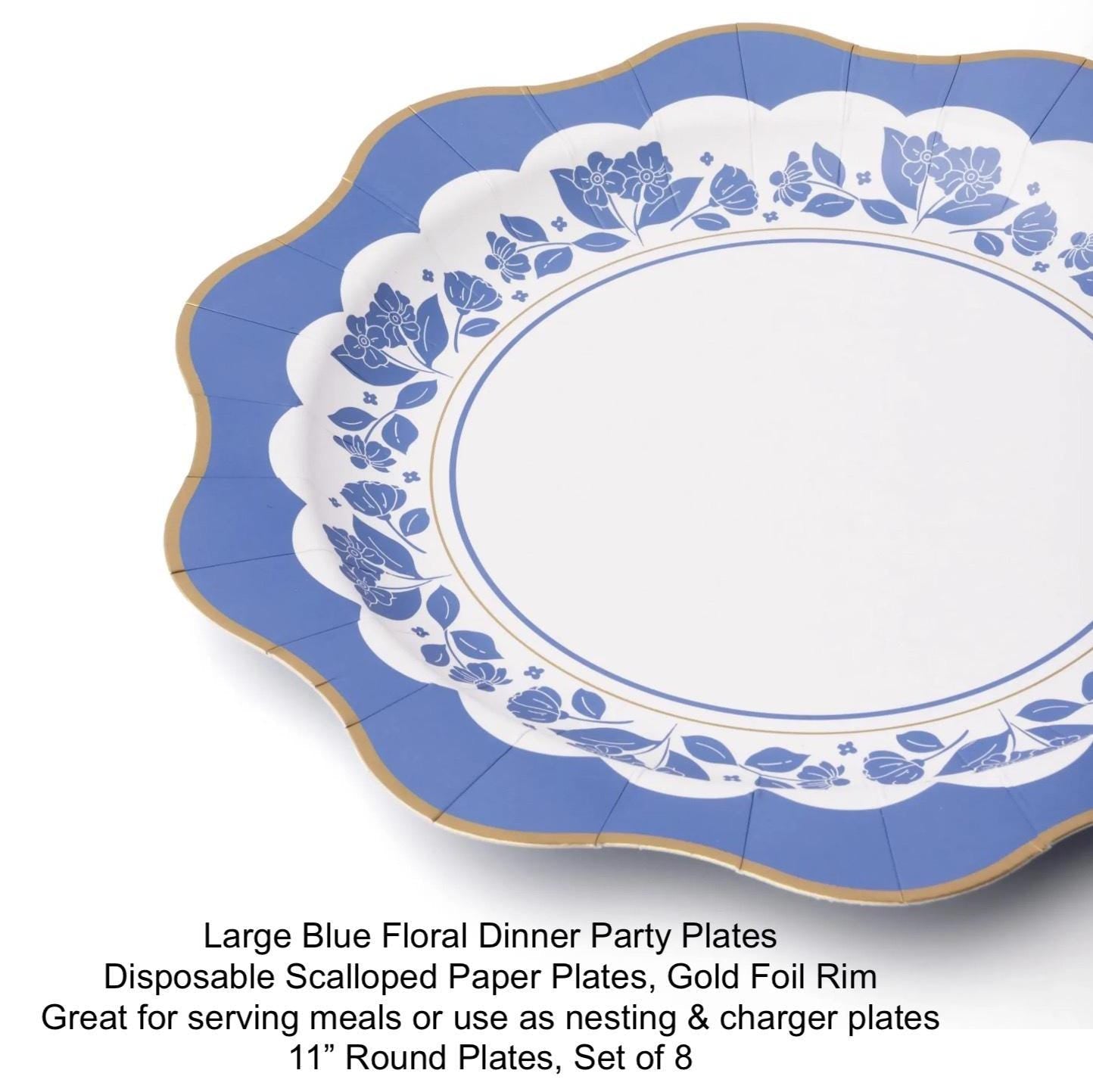 Large Blue Floral Dinner Plates 8ct - Stesha Party