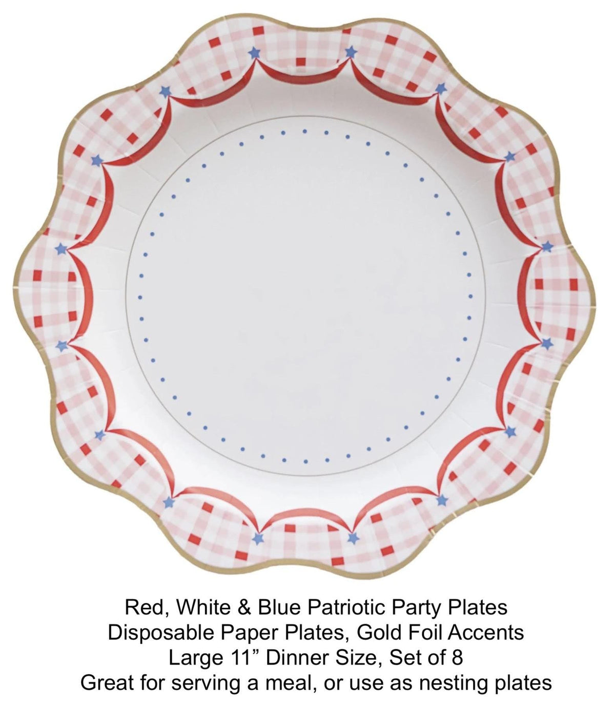 Large Red White & Blue Gingham Plates 8ct - Stesha Party