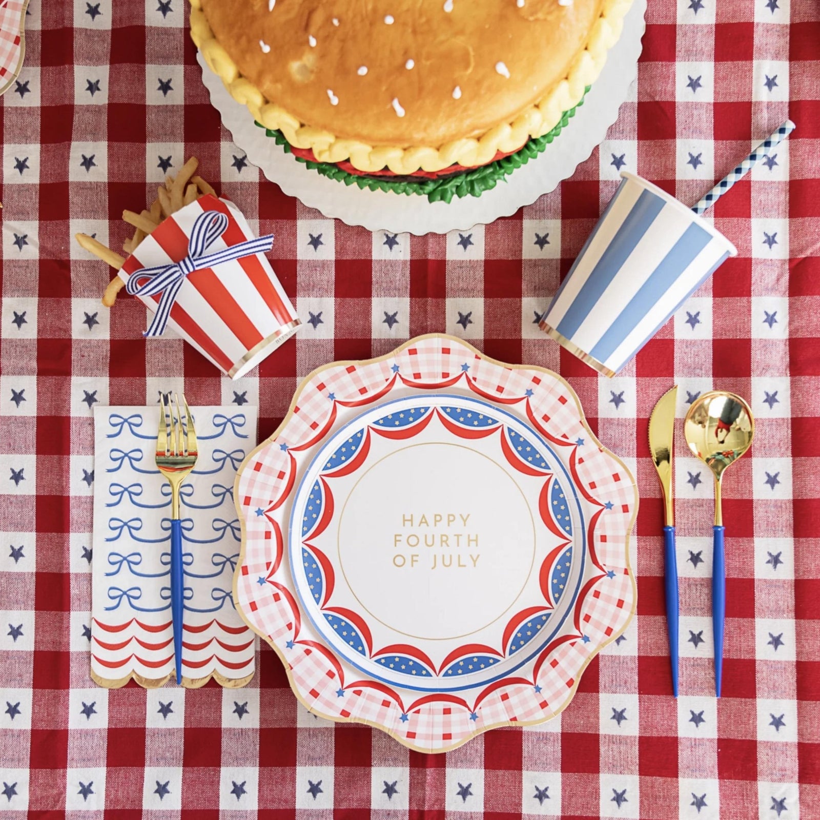 Large Red White & Blue Gingham Plates 8ct - Stesha Party