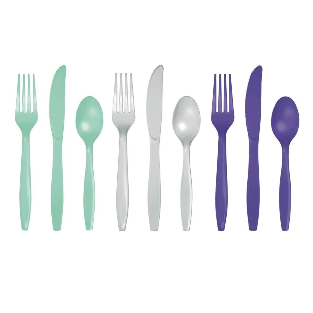 Mint Silver &amp; Purple Plastic Cutlery for 18 - Stesha Party