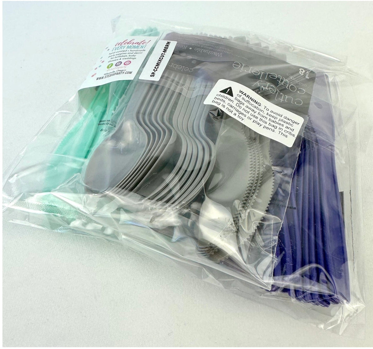 Mint Silver & Purple Plastic Cutlery for 18 - Stesha Party